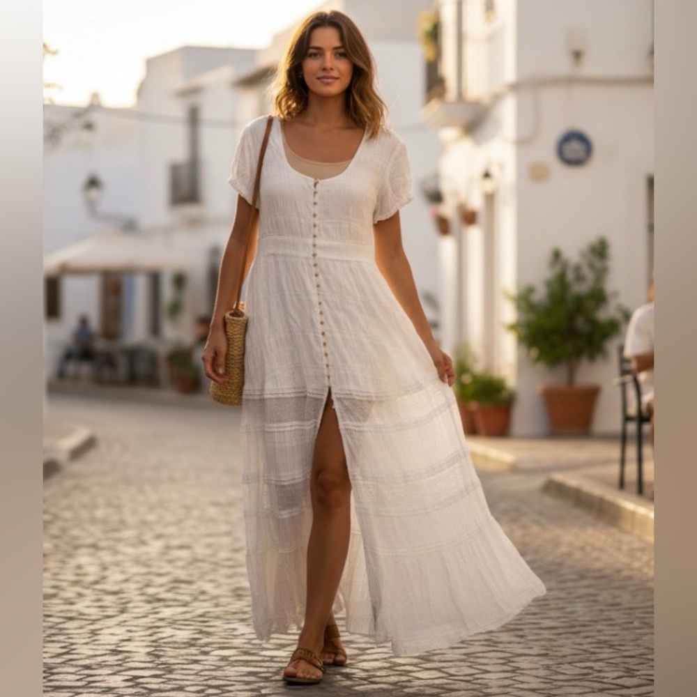 Jonathan Simkhai Romantic Cotton Gauze and Lace Maxi Button Front Dress